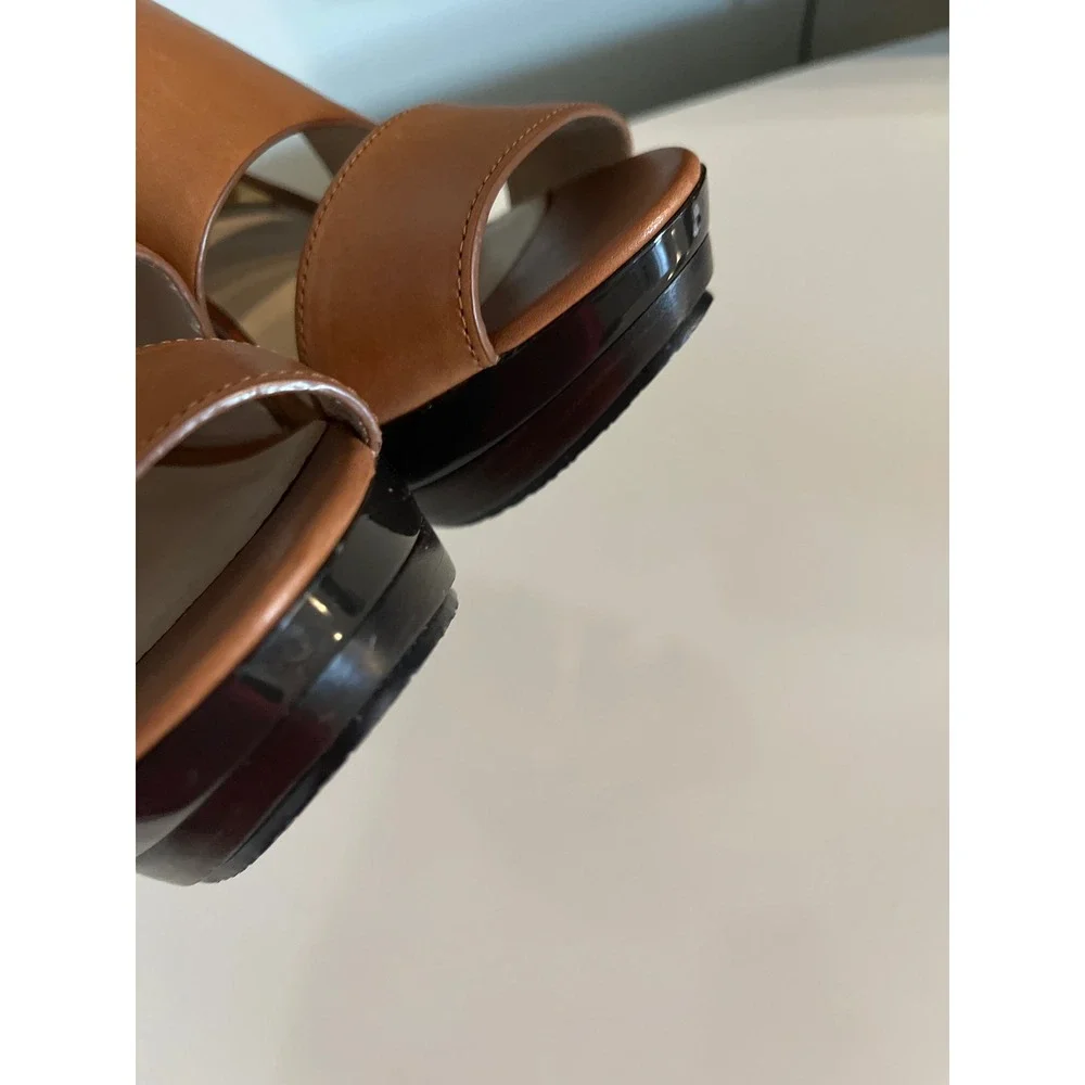 Michael Kors Tan‎ Leather Platform Sandals Gold Buckle Ankle Strap Heels